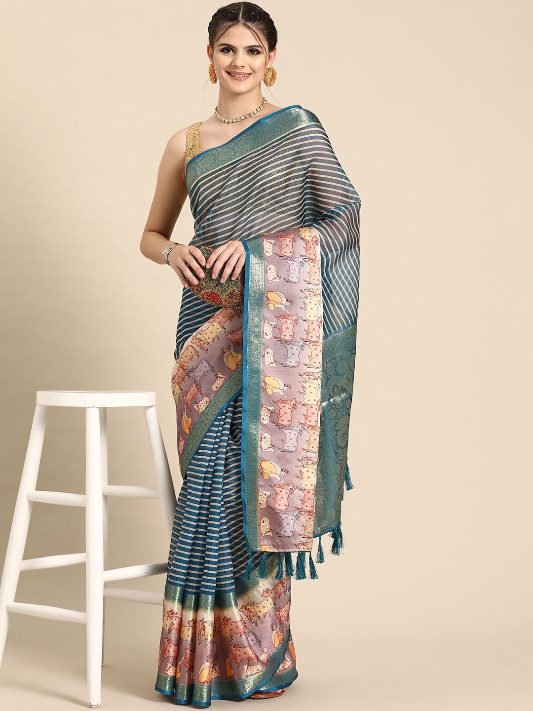 

DIVASTRI Kanjivaram Silk Pichwai Digital Printed Saree With Woven Border & Pallu, Teal