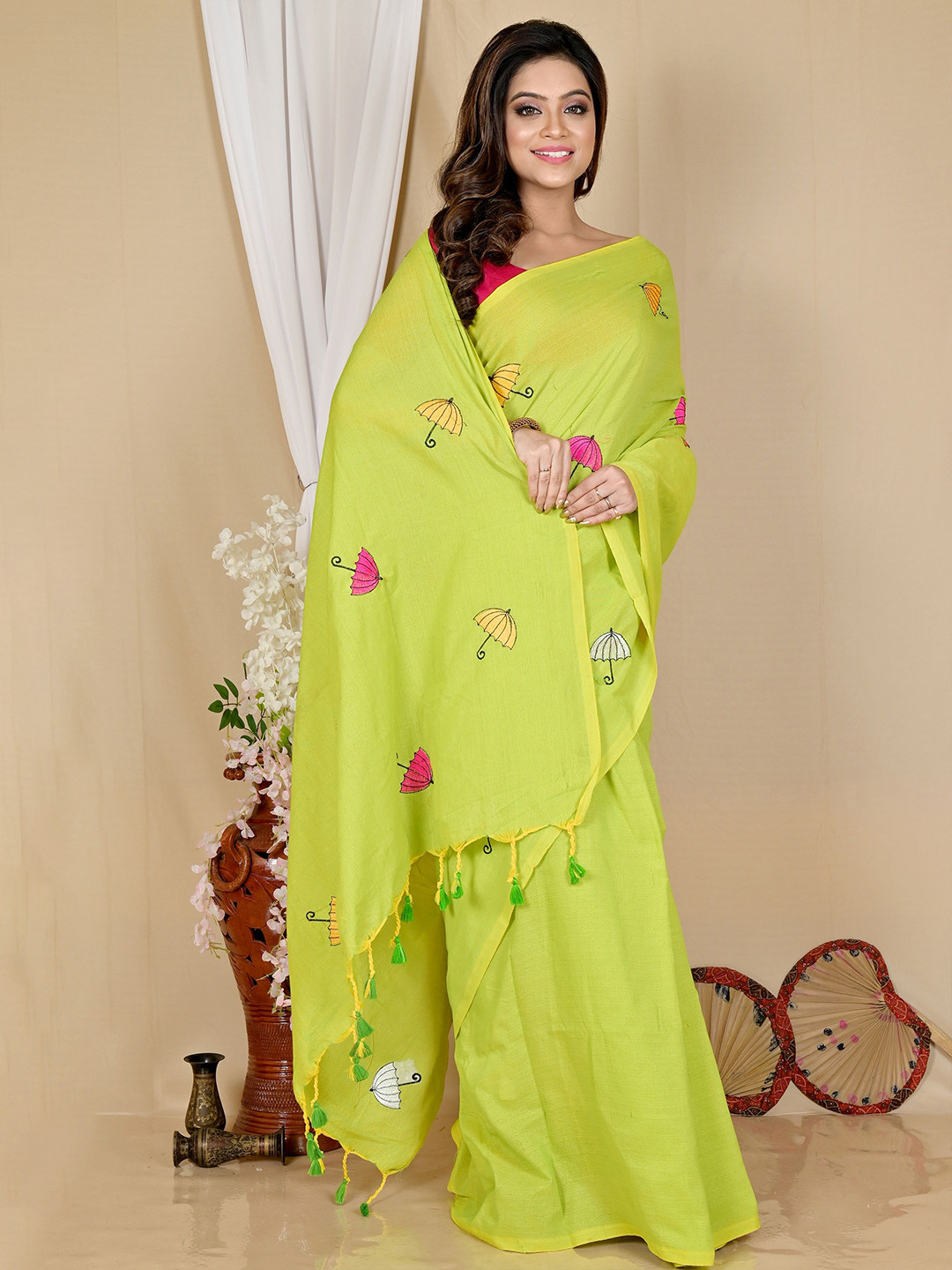 

PuJoy Embroidered Taant Saree, Lime green