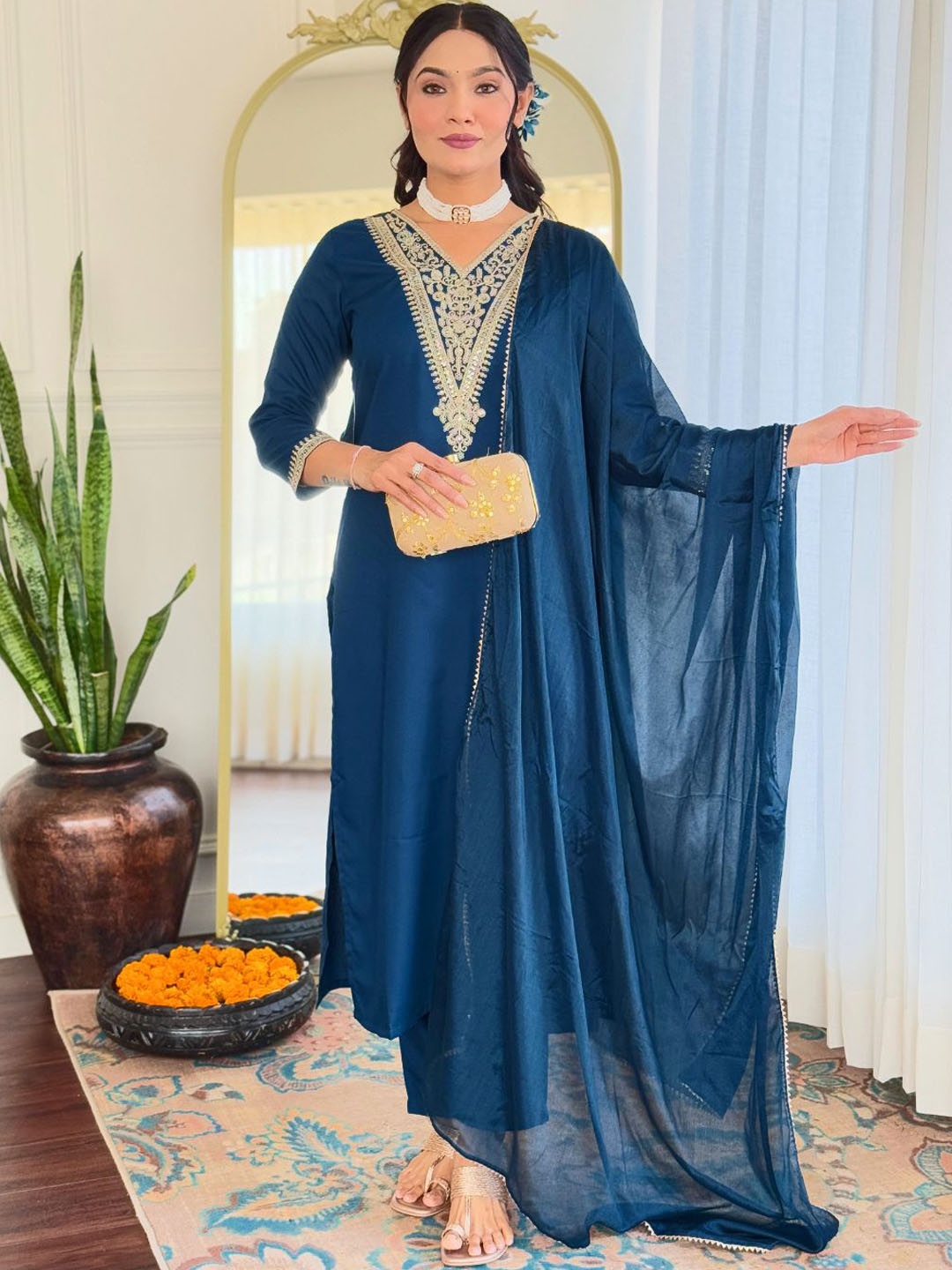 

THE52 Floral Yoke Design V-Neck Zari Straight Kurta With Trouser & Dupatta, Blue