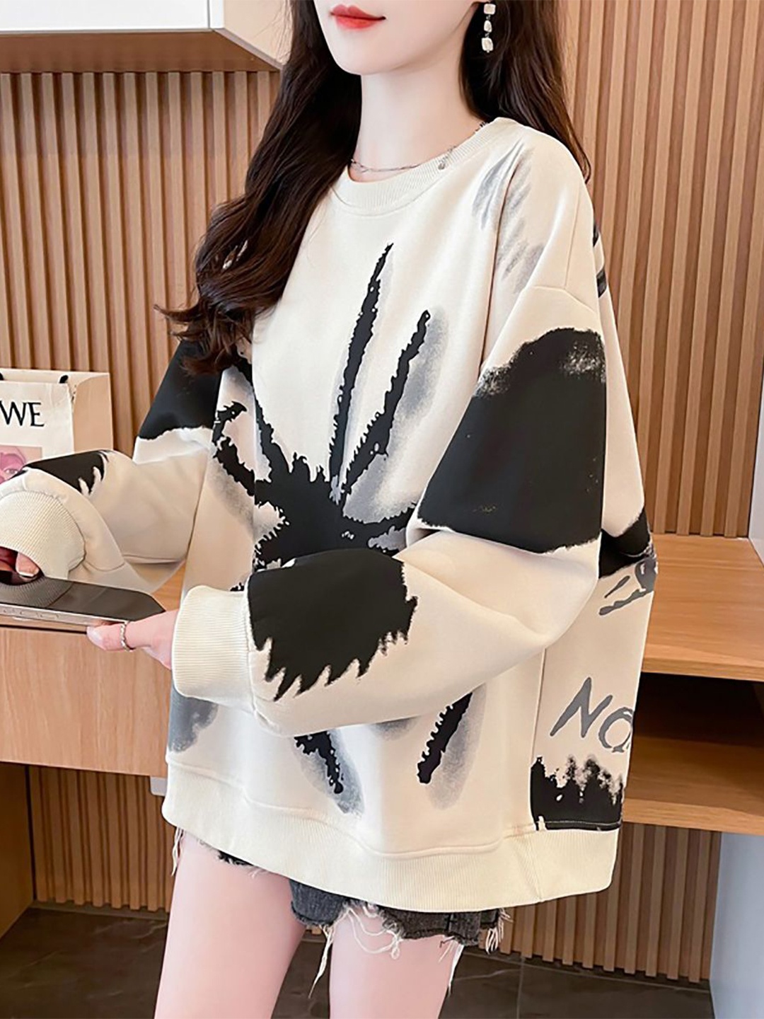

StyleCast x Revolte Women Printed Round Neck Pullover Cotton Sweatshirt, Khaki