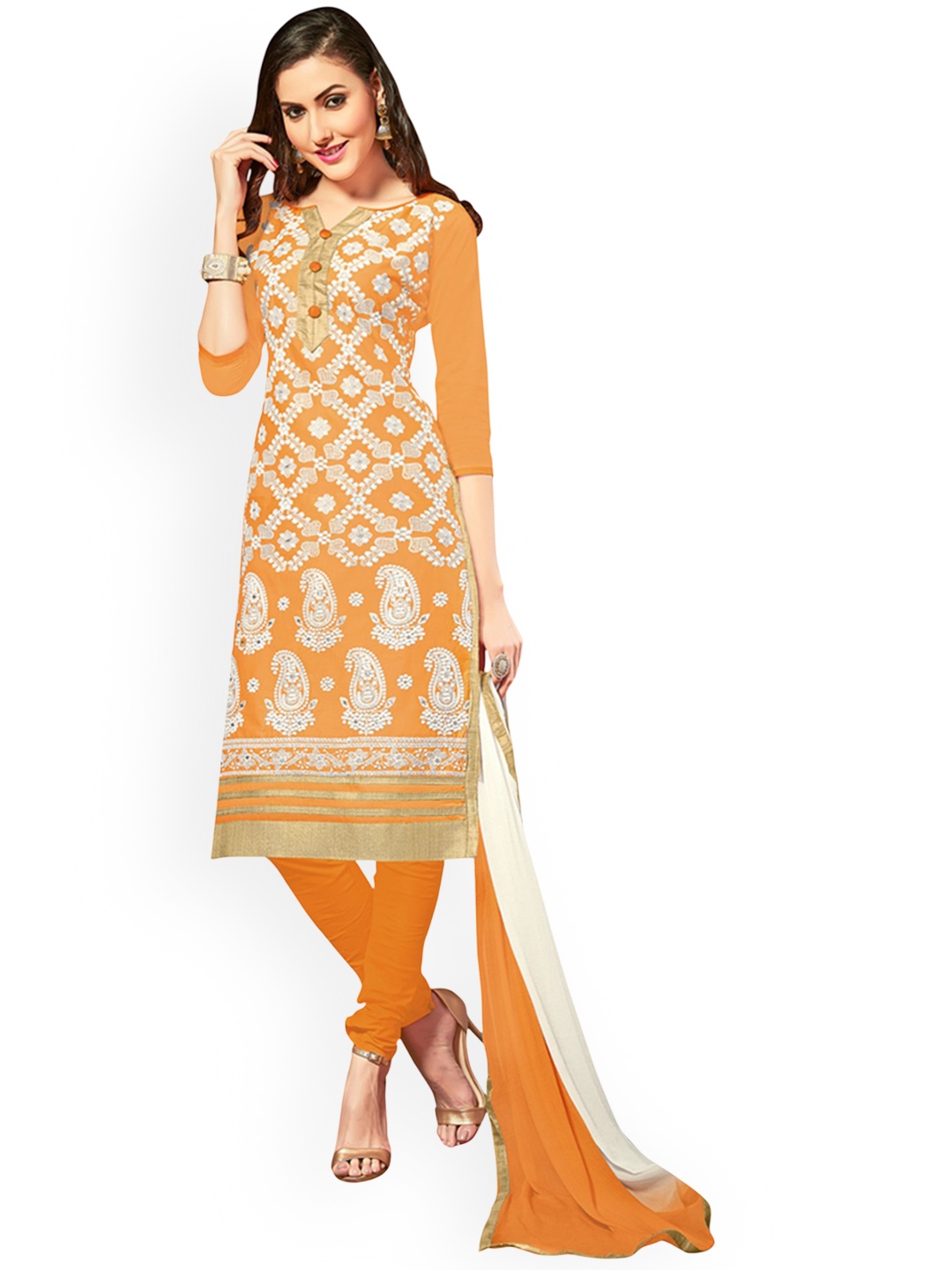 

HERE&NOW Paisley Embroidered Embellished Cotton Unstitched Dress Material, Orange