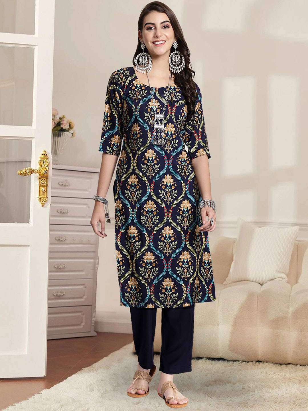 

7Threads Ethnic Motifs Printed Round Neck Straight Kurta With Trouser, Blue