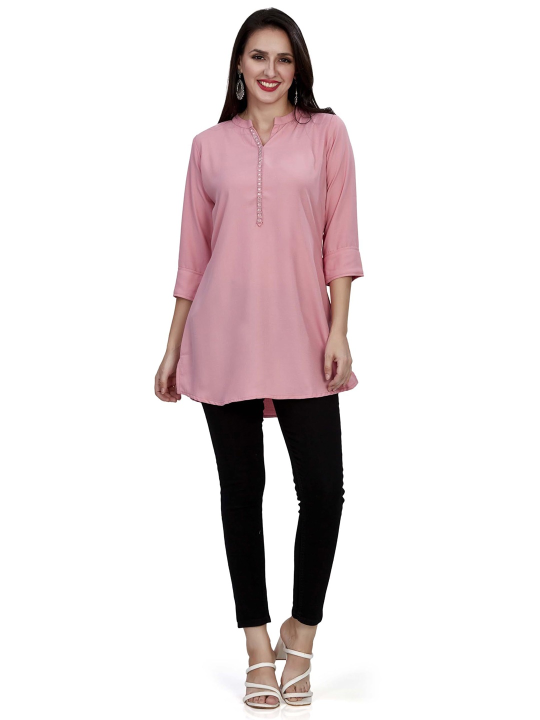 

Nioni Mandarin Collar Embellished Tunic, Pink