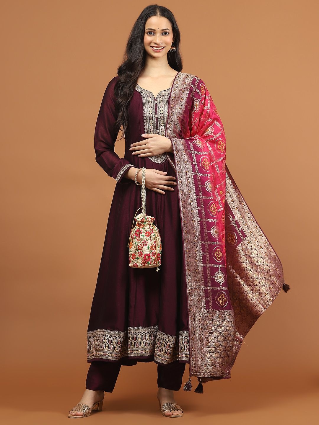 

Meena Bazaar Floral Yoke Design Panelled Zari A-line Kurta With Trouser And Dupatta, Burgundy