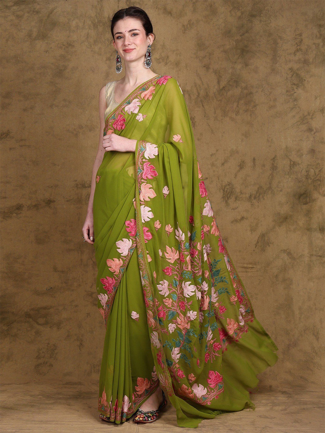 

Exotic India Lime Bean-Green Aari Embroidered Maple Leaf Georgette Saree from Kashmir