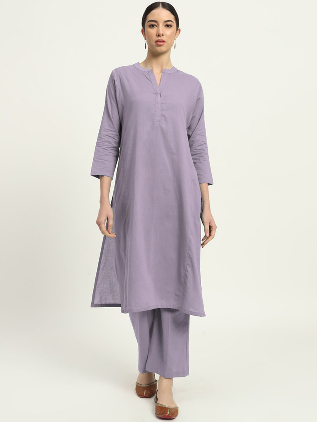 

Thevasa Everyday Bliss Notch Neck Pure Cotton Straight Tunic With Trousers, Purple