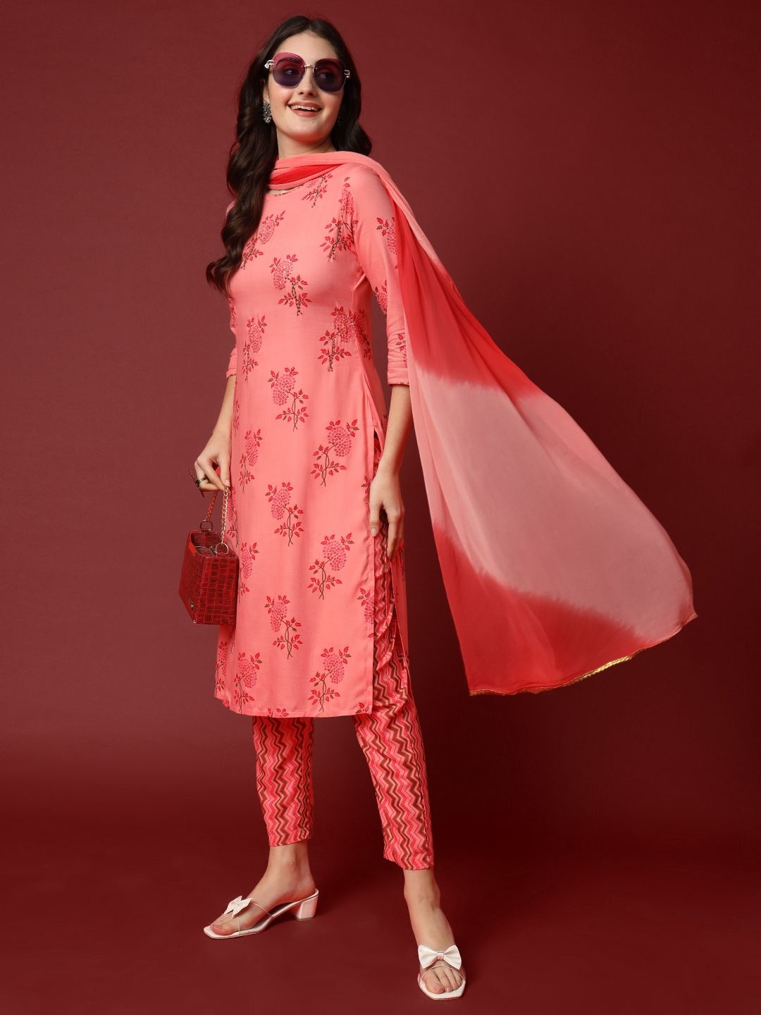 

Aspriya Floral Printed Sequinned Straight Kurta With Trousers & Dupatta, Coral