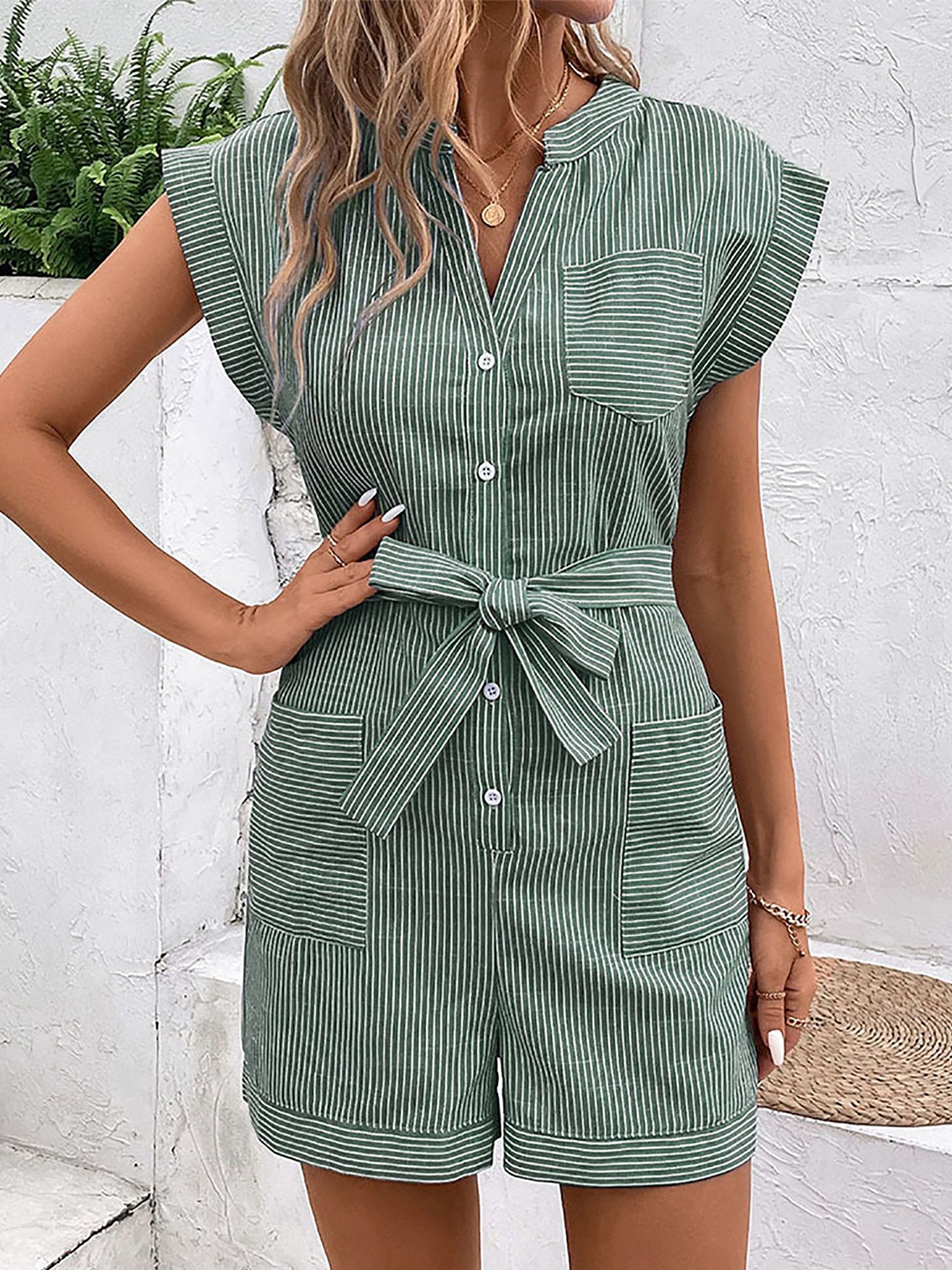 

StyleCast x Revolte Women Cotton Mandarin Collar Striped Jumpsuit, Green