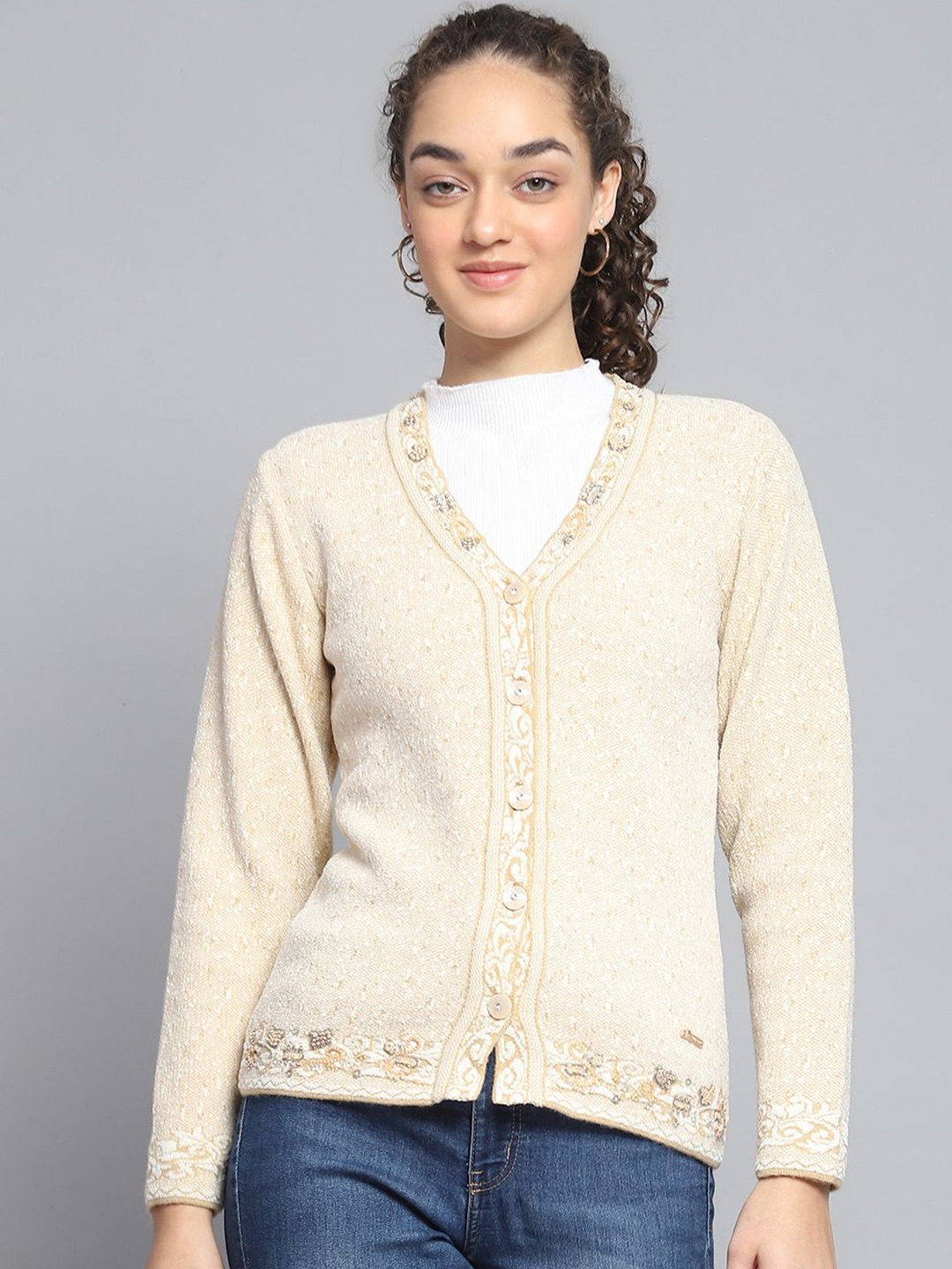 

Monte Carlo Women Embroidered V-Neck Cardigan, Beige