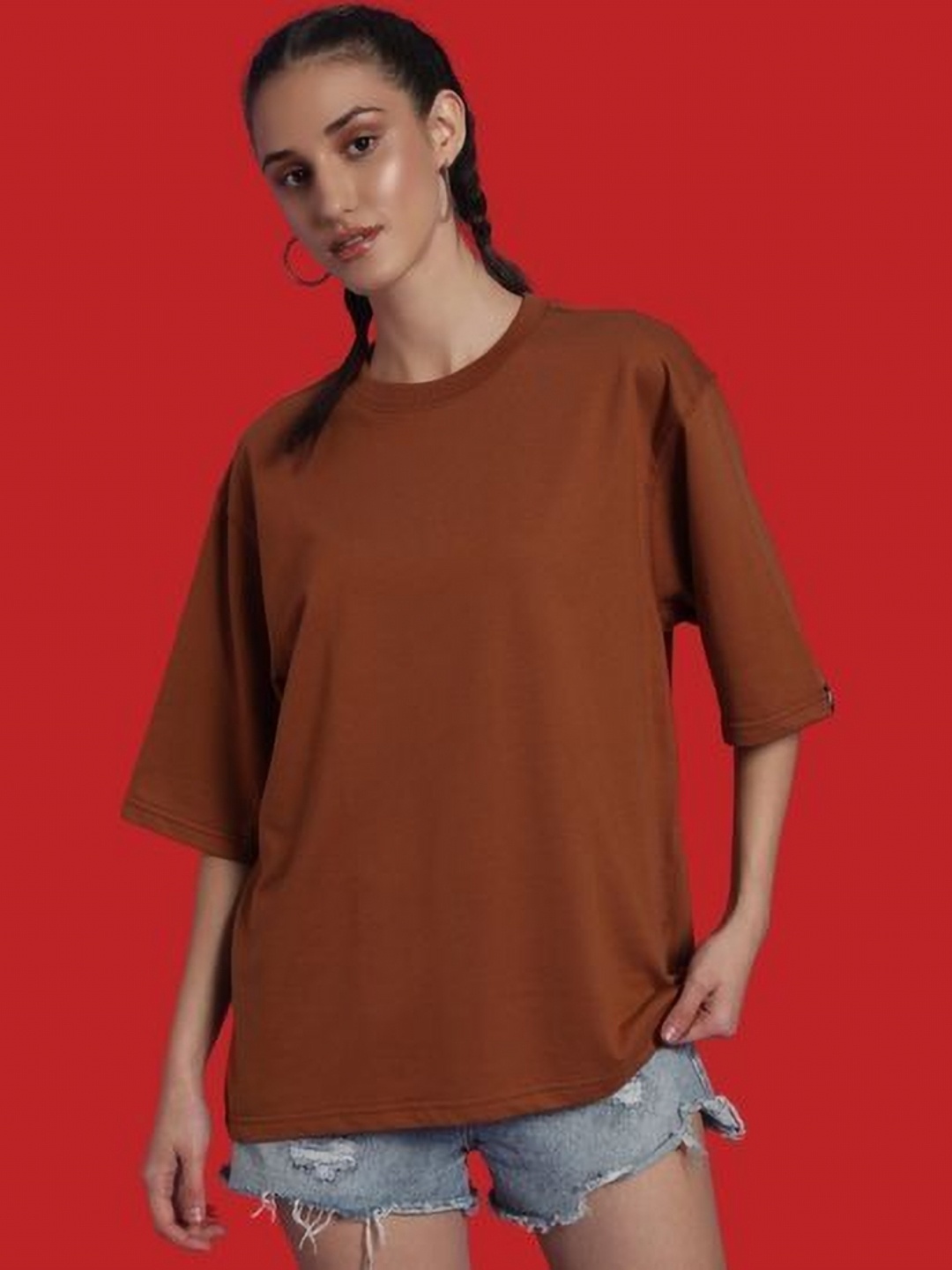 

PockMAN Women Bio Finish Solid Round Neck Pure Cotton Oversized T-shirt, Brown