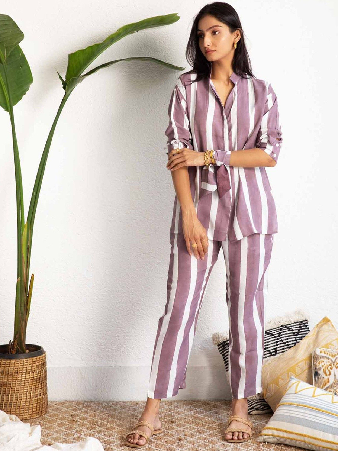 

Acriine Striped Mandarin Collar Pure Cotton Tunic With Trouser, Purple