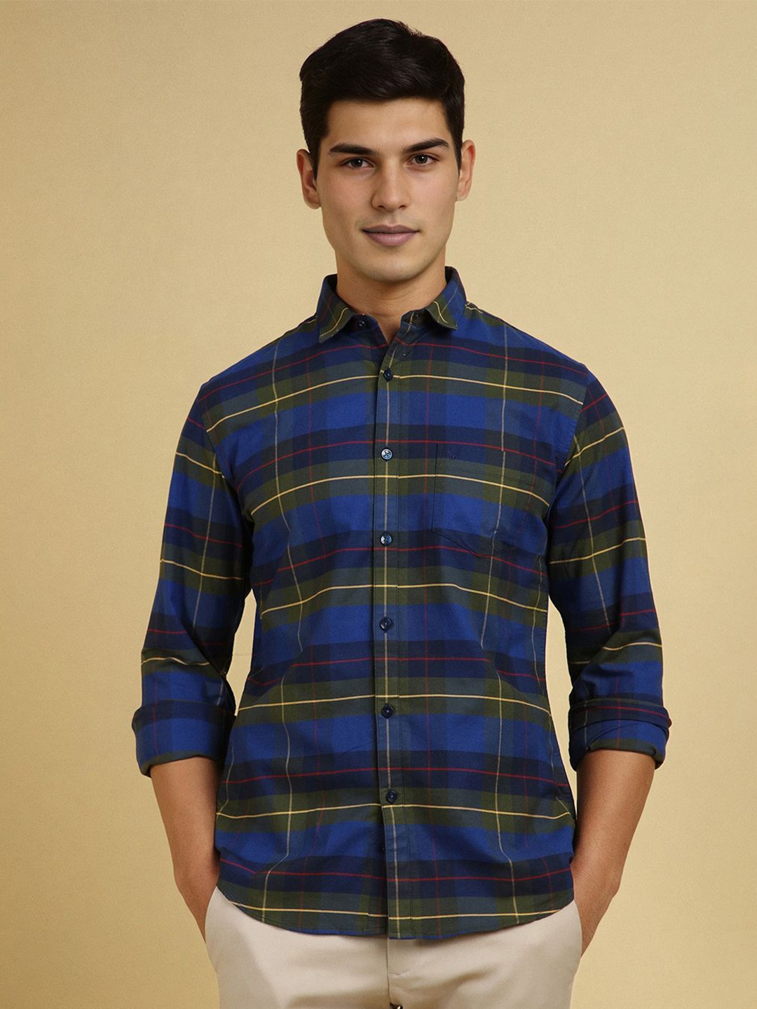 

Allen Solly Men Spread Collar Tartan Checked Cotton Casual Shirt, Navy blue