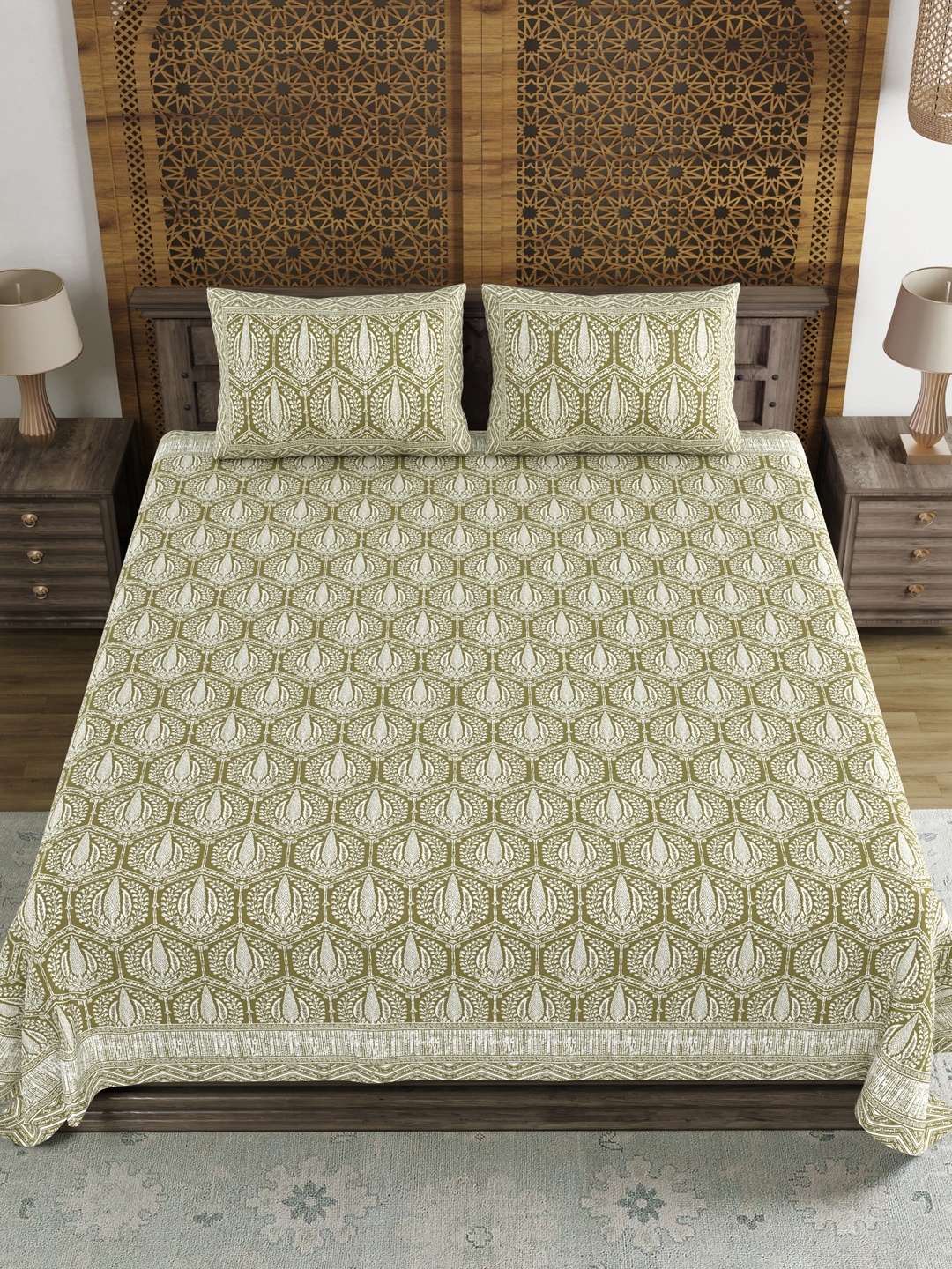 

Myntra Elegant Homes Green Ethnic Motifs Printed 210 TC King Bedsheet Set 2.69 m X 2.69 m
