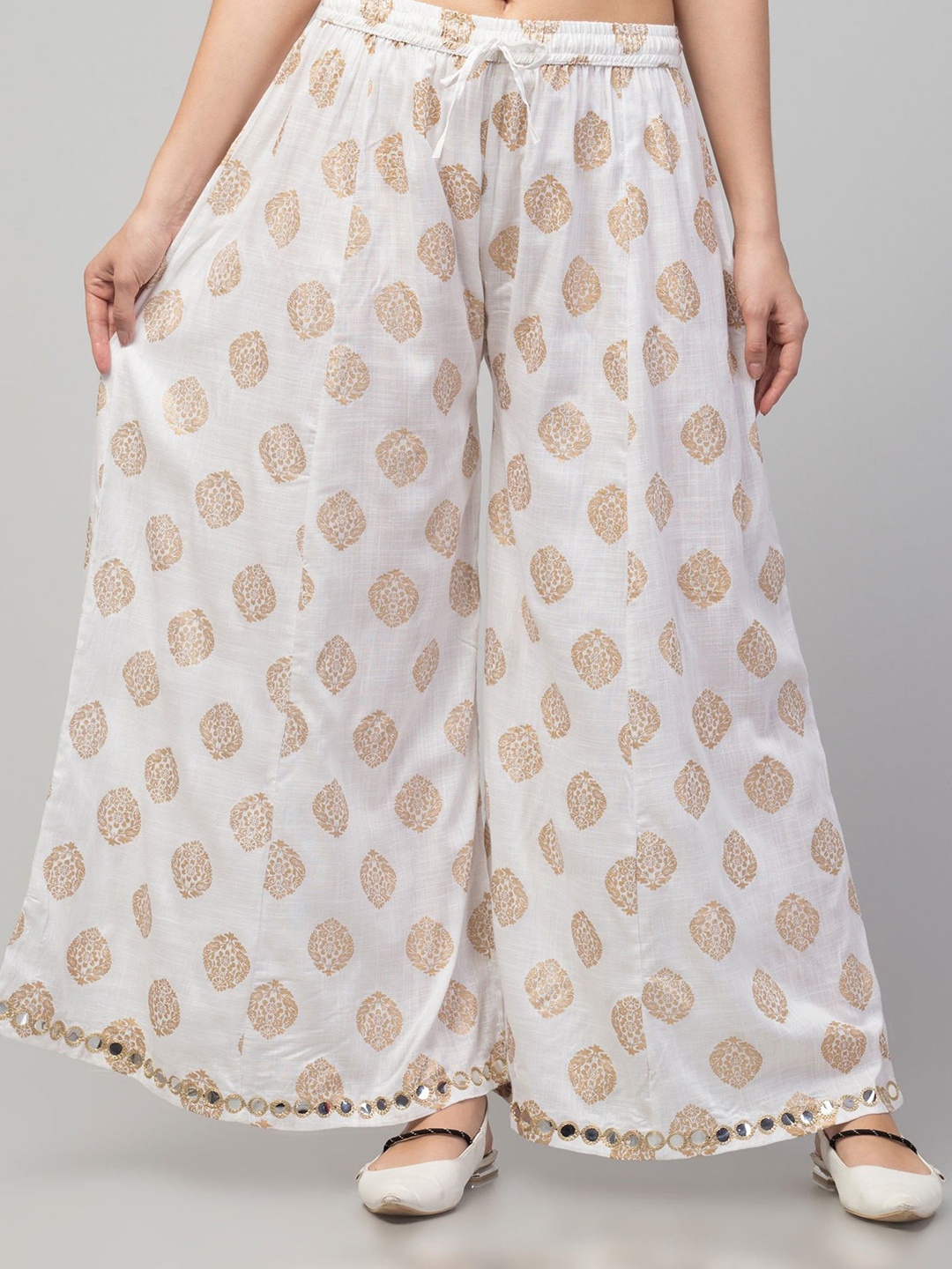 

FAMBEE Women Ethnic Motifs Printed Flared Knitted Palazzos, White