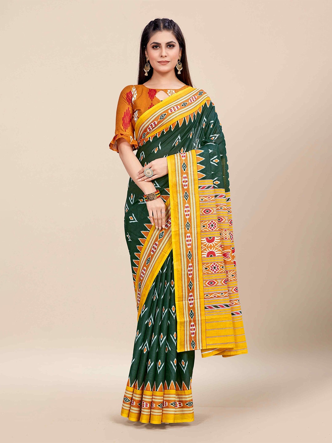 

HERE&NOW Ethnic Motifs Printed Pure Cotton Ikat Saree, Green