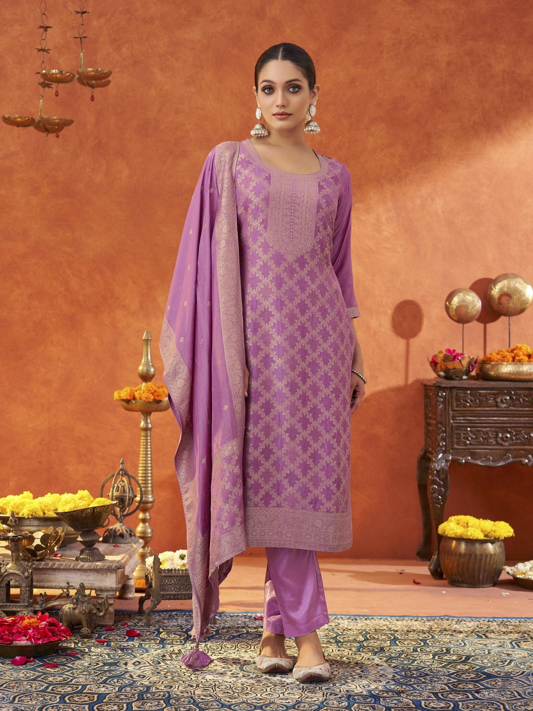 

Shaily Woven Design Jacquard Straight Kurta with Trouser & Dupatta, Lavender