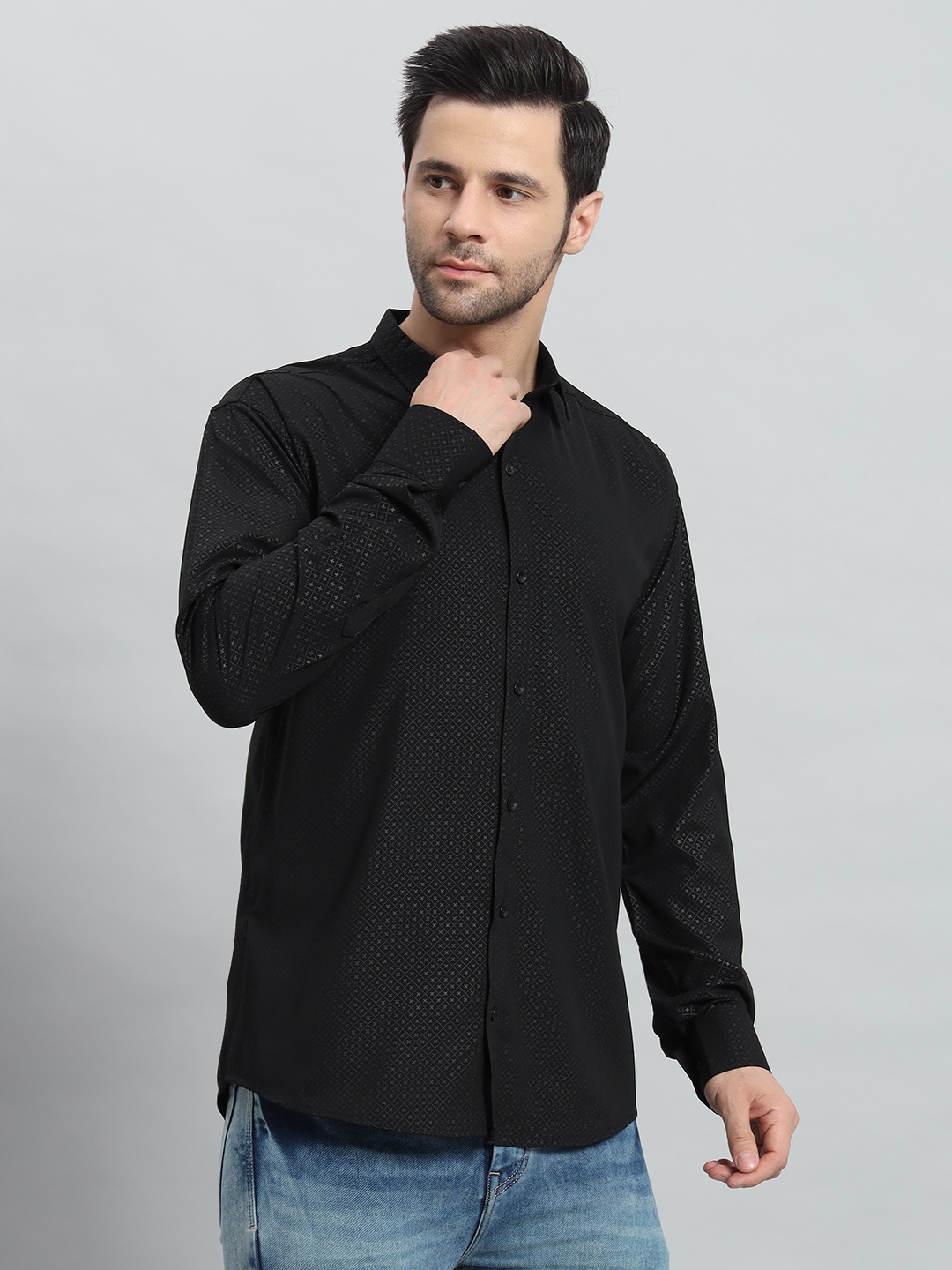 

BAESD Men Premium Slim Fit Opaque Printed Party Shirt, Black