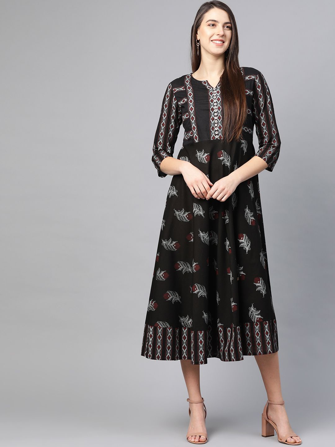 

KALINI Women Ethnic Motifs Printed Cotton Fit and Flare Midi Dress, Black