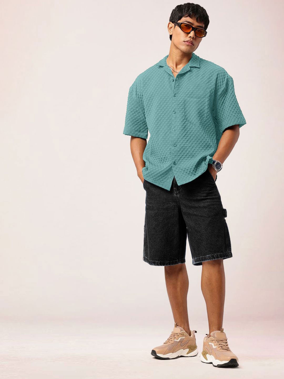 

SZN Men Standard Relaxed Fit Cuban Collar Textured Casual Shirt, Green