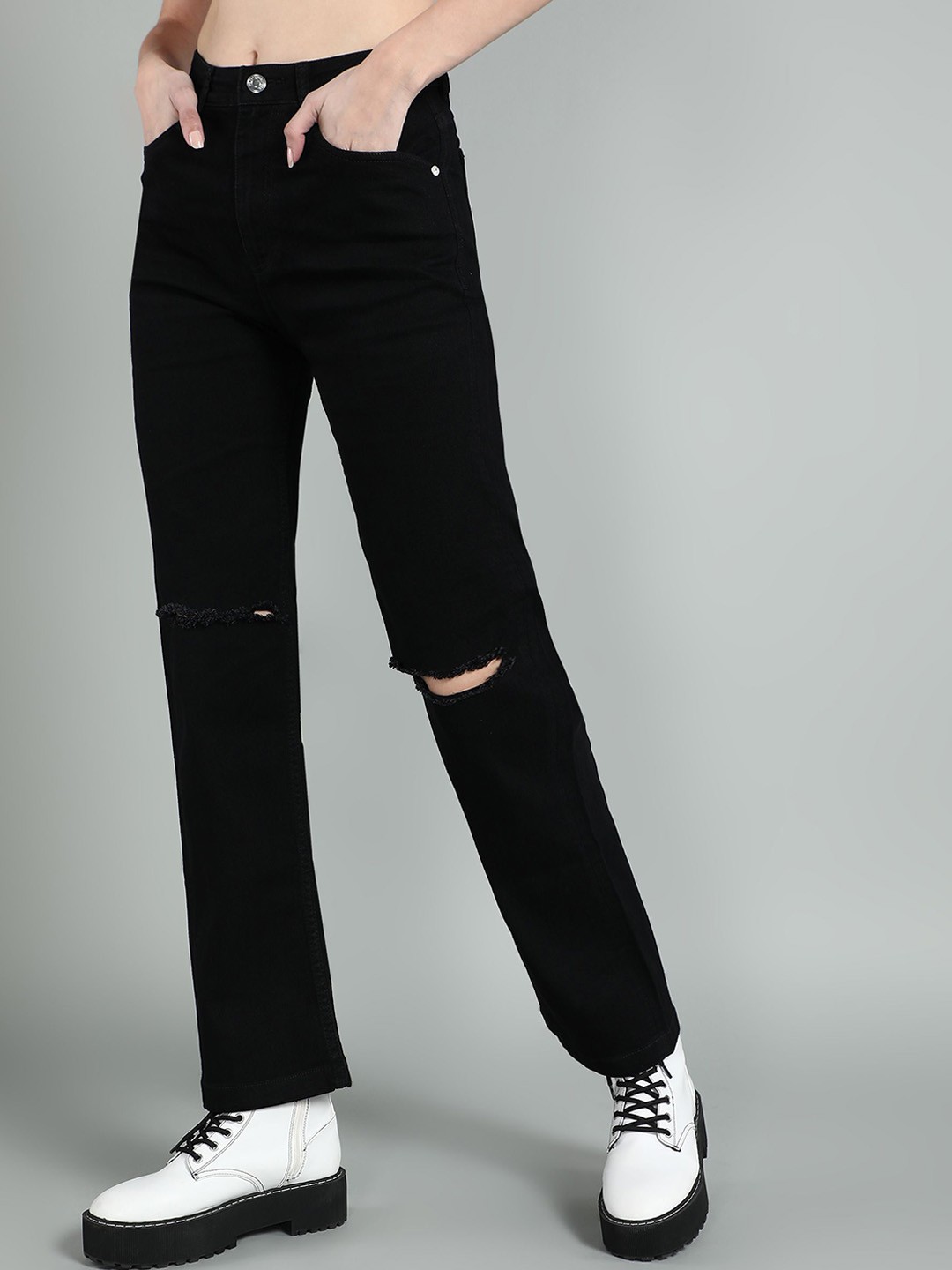 

Mast & Harbour Women Straight Fit High-Rise Slash Knee Stretchable Jeans, Black