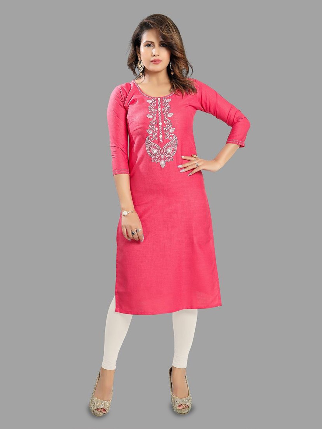 

DREAM & DZIRE Embroidered Round Neck Cotton Kurta, Pink