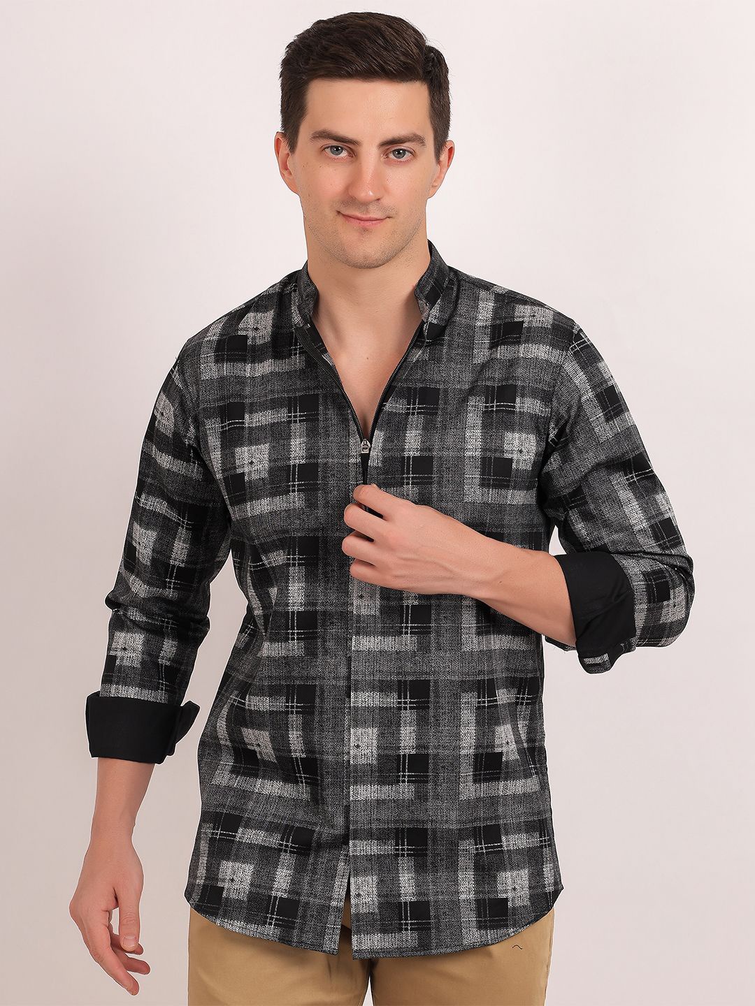 

Mculine Men Standard Fit Mandarin Collar Checked Cotton Casual Shirt, Black