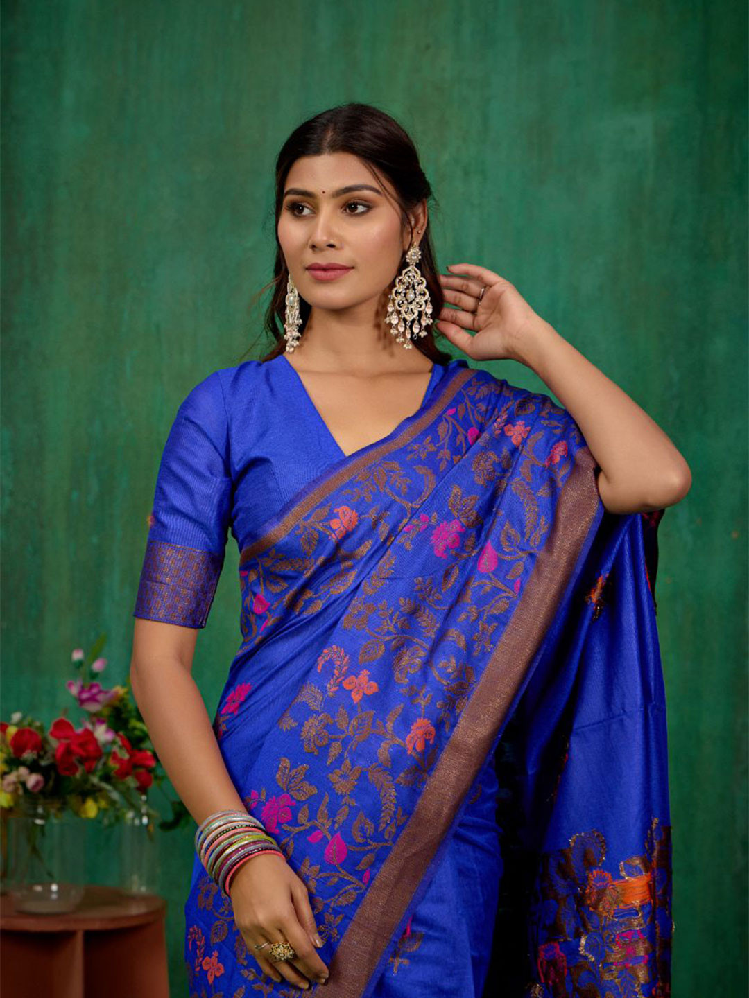 

Sangria Banarasi Woven Design Saree With Blouse Piece, Blue