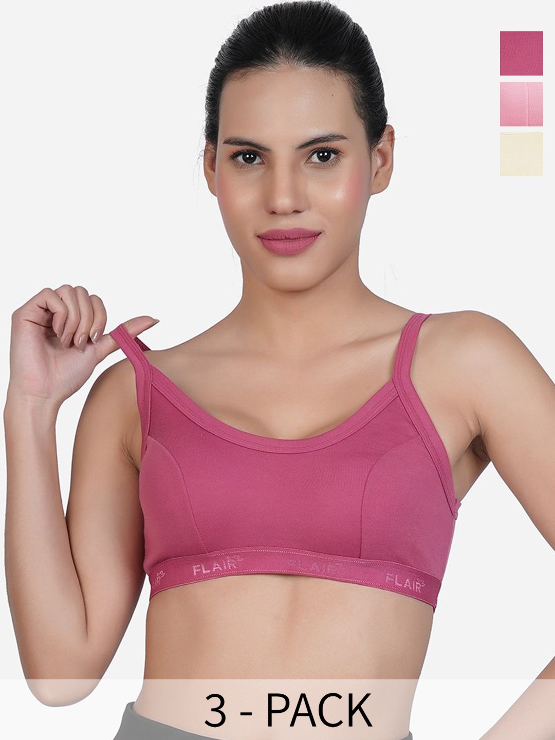 

SHYAM SONS FLAIR Lovely Pack Of 3 Cotton Full Coverage Non Padded Seamed Workout Bra, Pink