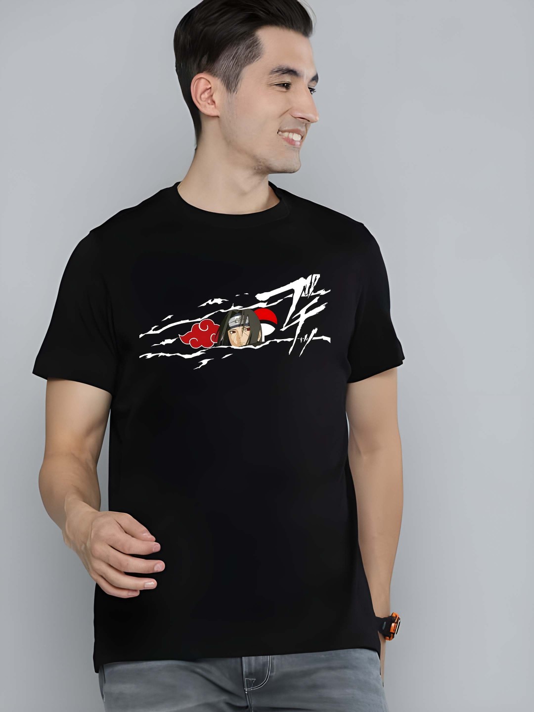 

Krimmple Men Naruto Graphic Printed Round Neck Cotton T-shirt, Black