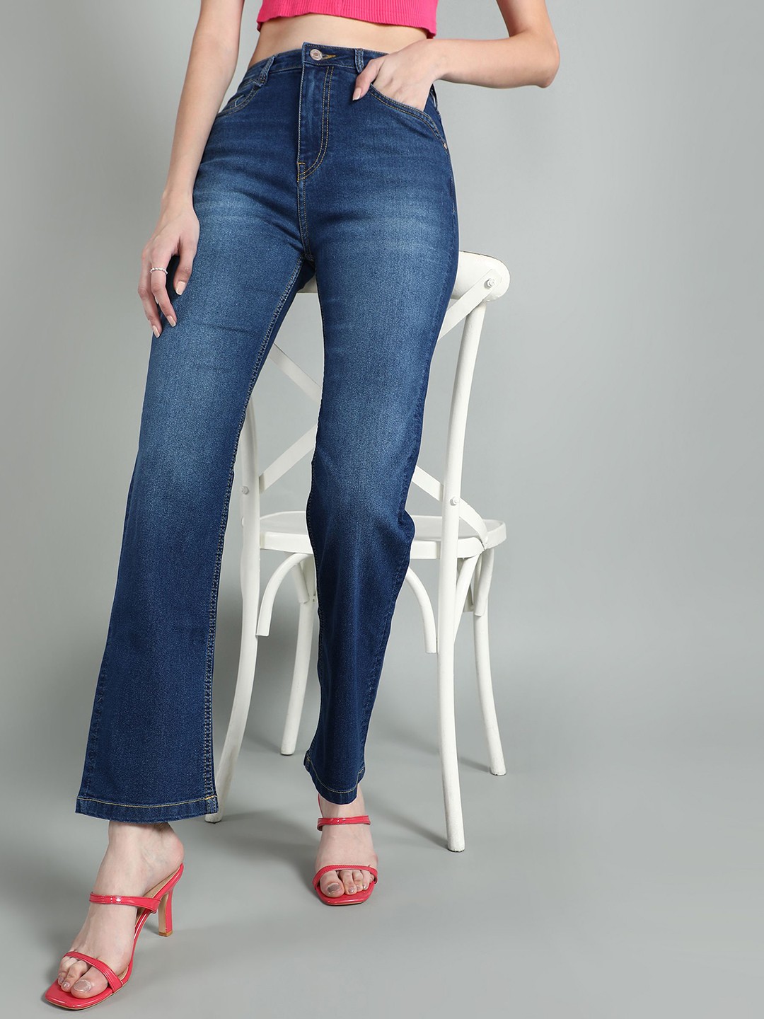 

Mast & Harbour Women Flared High-Rise Light Fade Stretchable Jeans, Blue