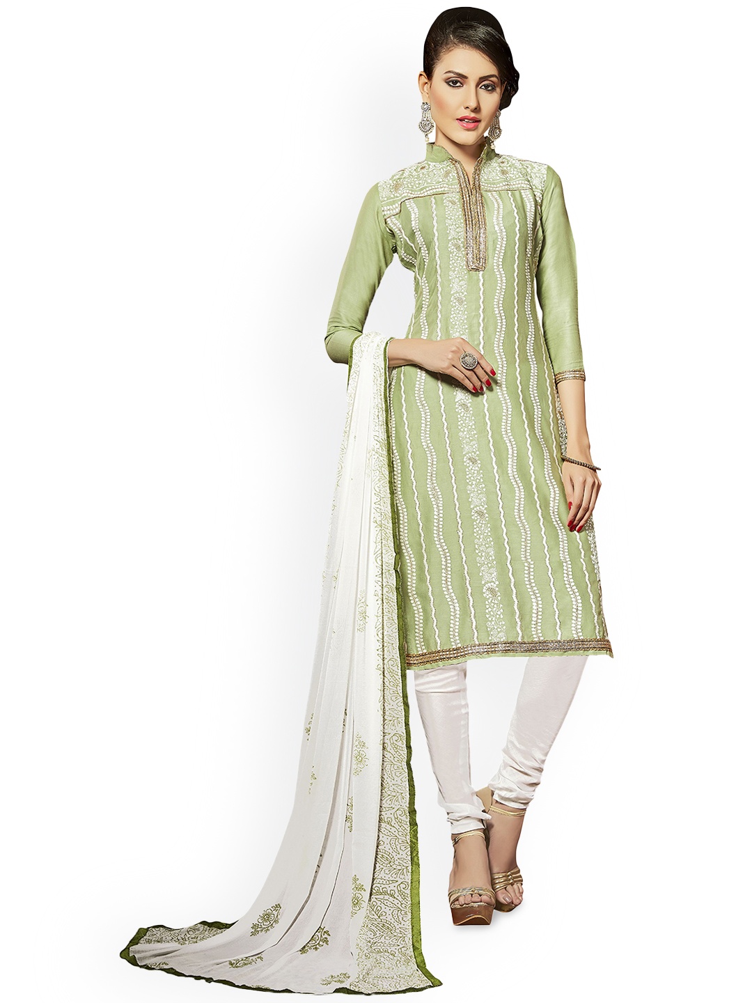 

HERE&NOW Ethnic Motifs Printed Zari Work Unstitched Dress Material, Green