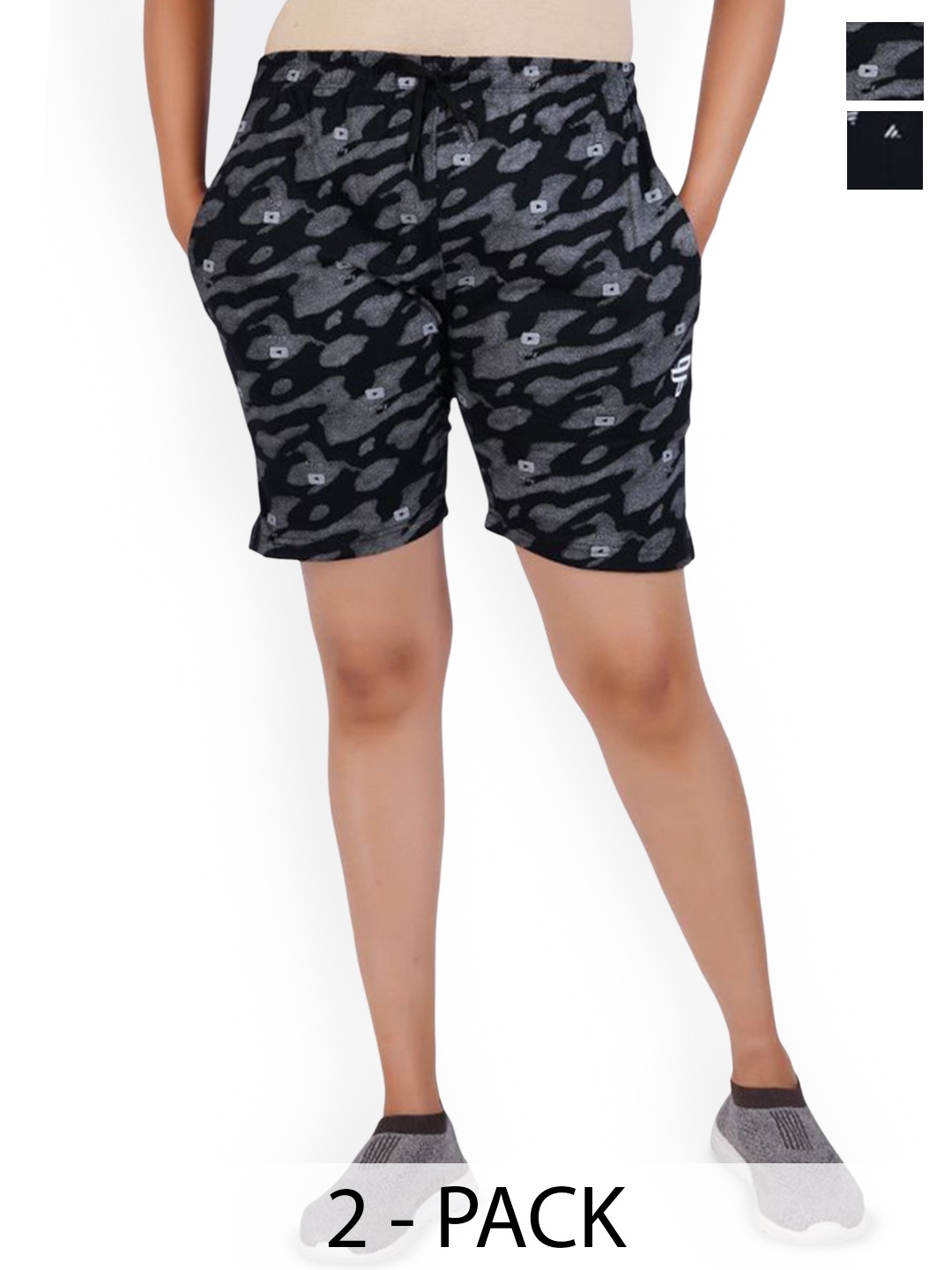 

FEEL TRACK Women Pack of 2 Printed Cotton Shorts, Black