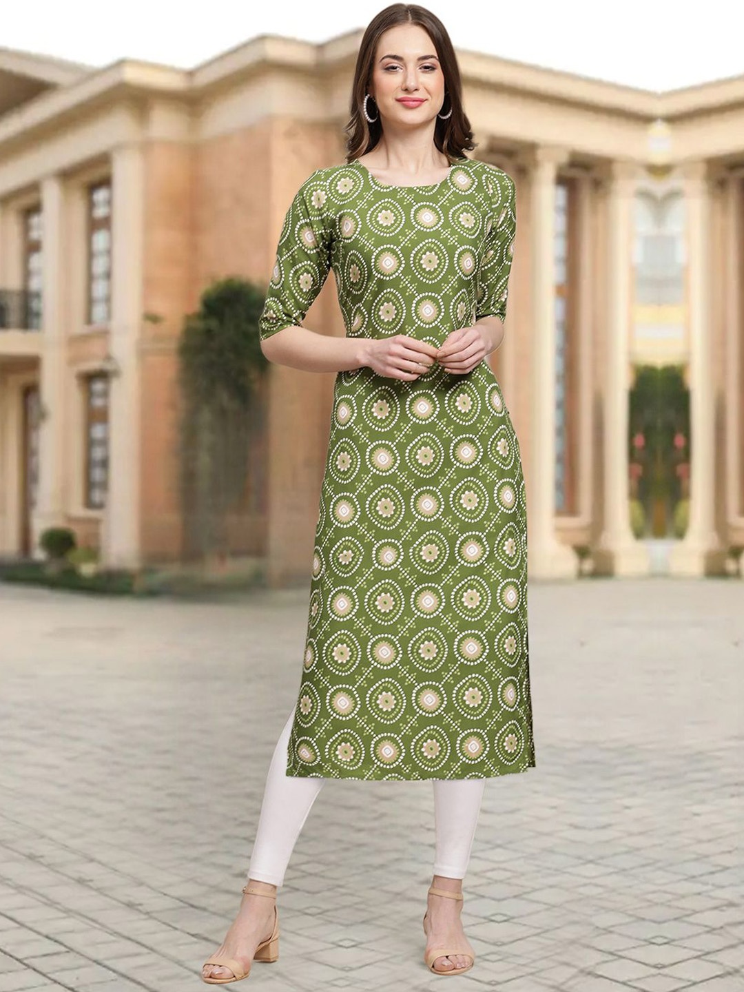 

7Threads Ethnic Motifs Printed Round Neck Straight Kurta, Olive