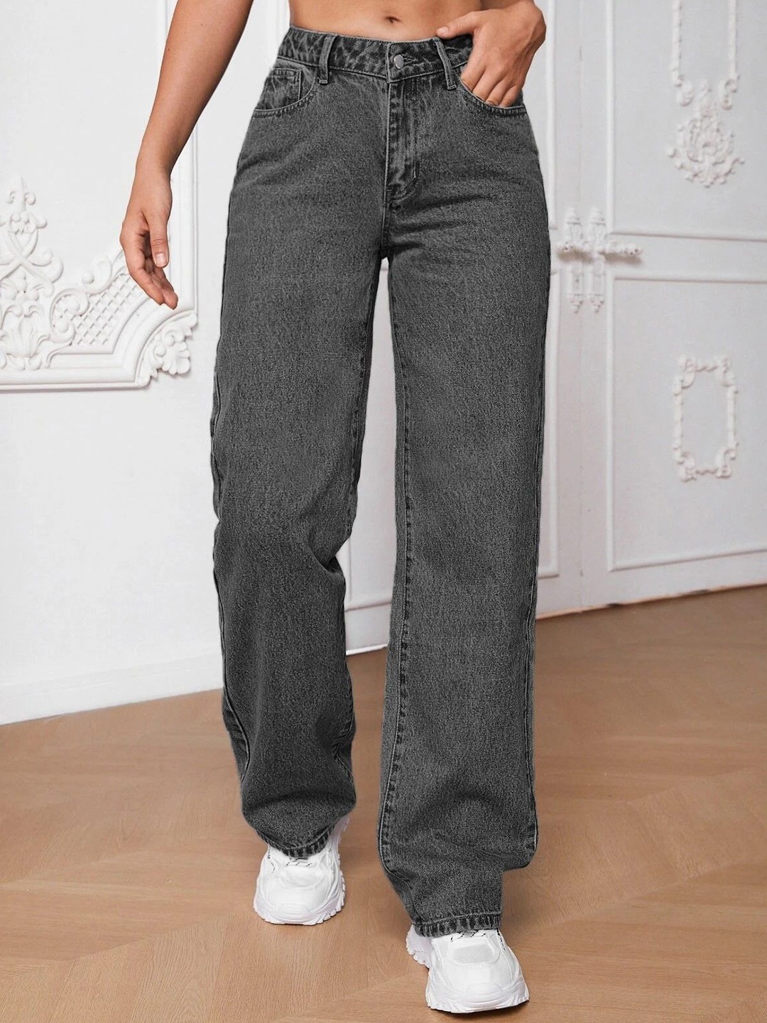 

NUCOUTHS Women Comfort Wide Leg Stretchable Jeans, Grey