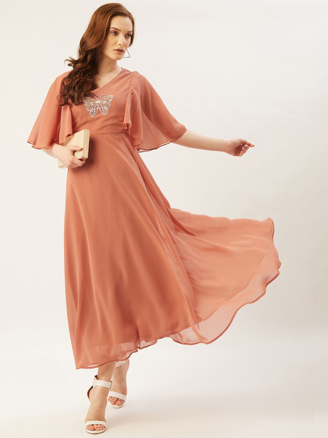 

Moda Rapido Embellished Flared Sleeve Georgette Maxi Dress, Peach