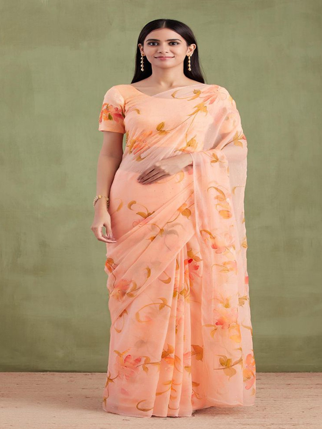 

Geroo Luxe Floral Printed Mukaish Work Pure Chiffon Saree, Peach