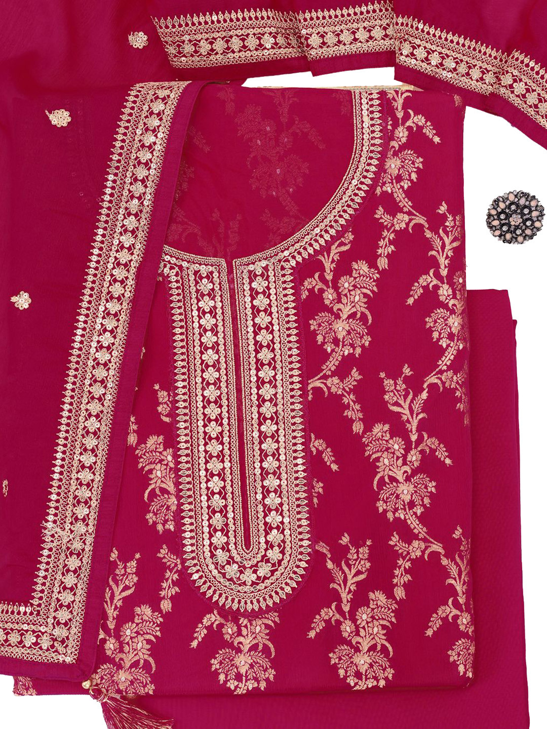 

KULEESH Floral Printed Zari Semi-Stitched Dress Material, Pink