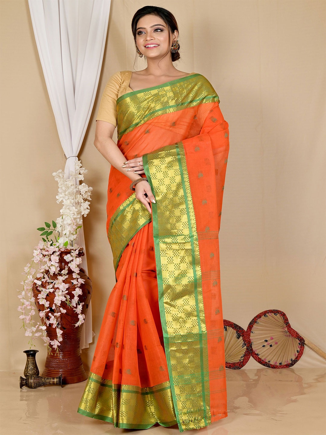 

PuJoy Ethnic Motifs Woven Design Pure Cotton Taant Saree, Orange