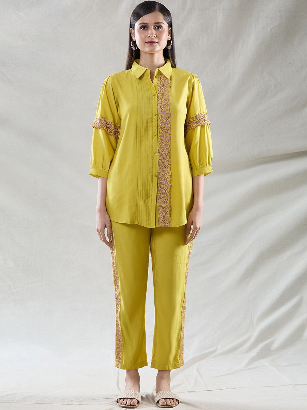 

Samyukta Singhania Rose Embroidered Shirt Collar Shirt And Trousers, Yellow