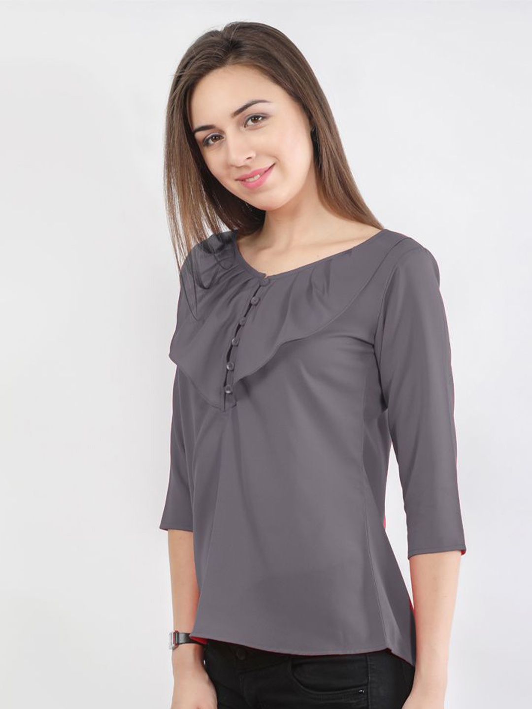 

DELIS V Neck Ruffle Georgette Top, Grey