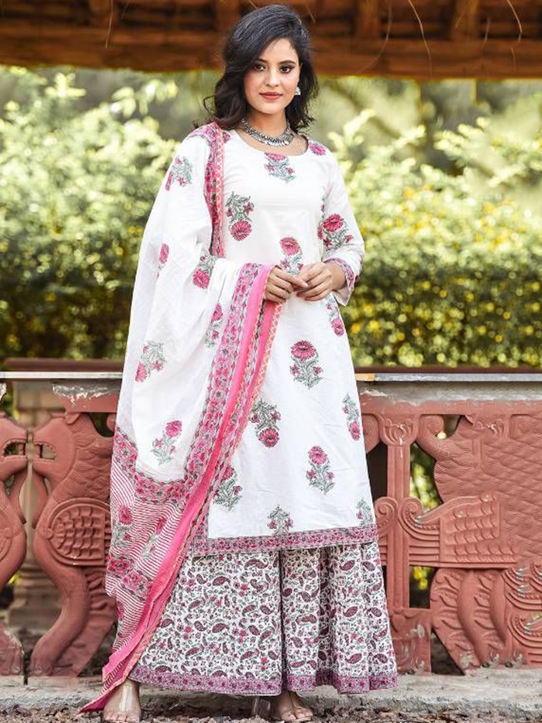 

Anastay Clothing Floral Printed Pure Cotton Straight Kurta With Sharara & Dupatta, White