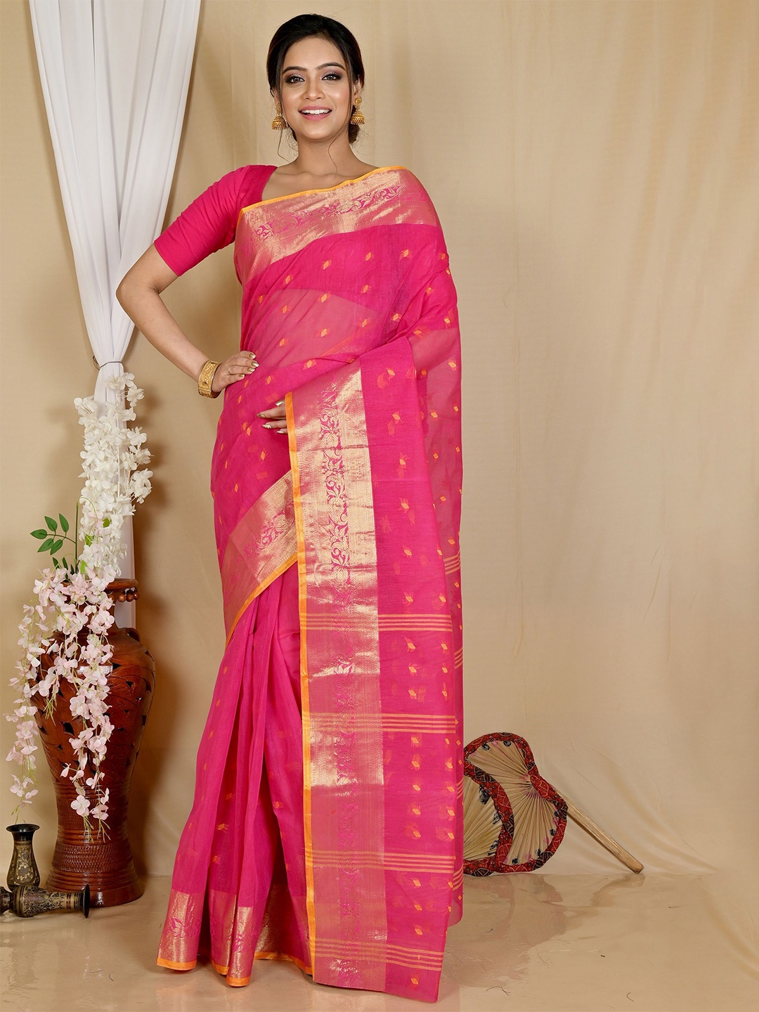 

PuJoy Woven Design Pure Cotton Handloom Taant Saree, Pink