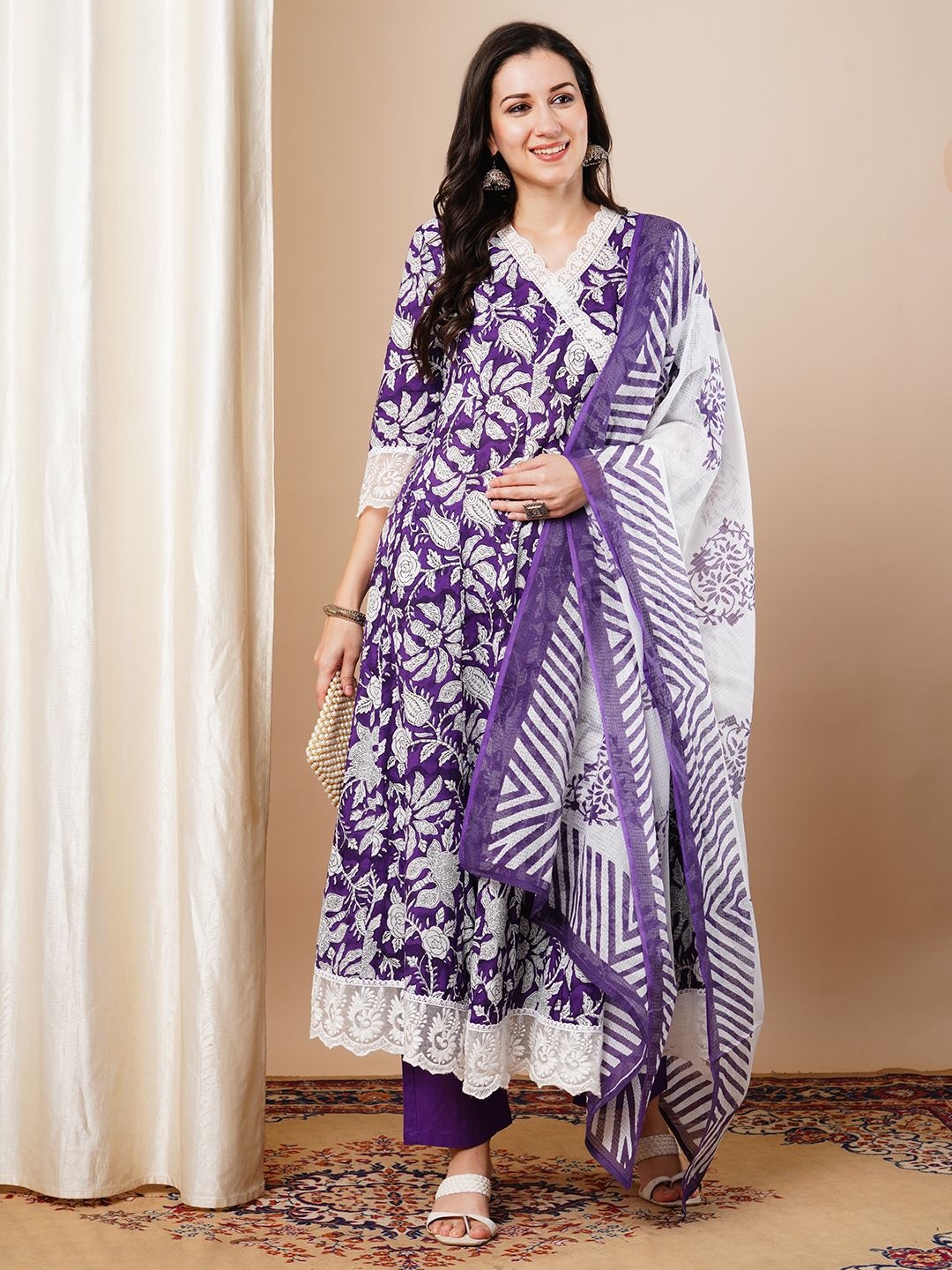 

FASHOR Women Floral Printed Panelled Sequinned Pure Cotton Kurta with Trousers & With Dupatta, Purple