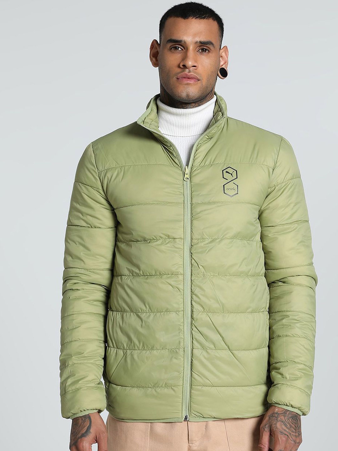

one8 x PUMA Men Colourblocked Outdoor Padded Jacket with Patchwork, Green