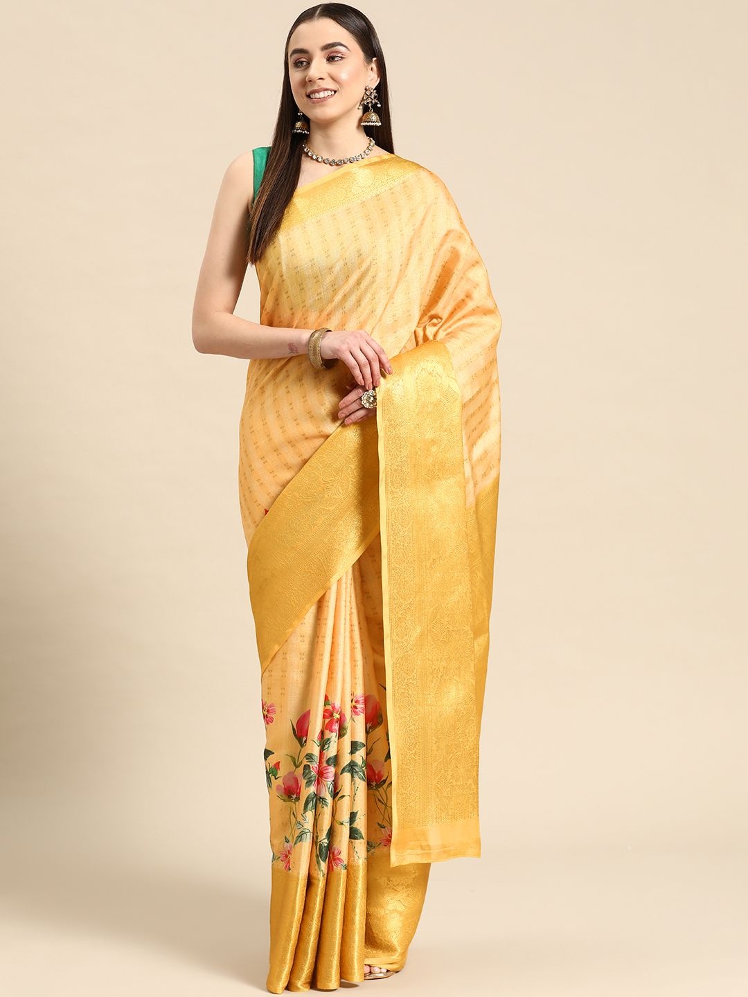 

DIVASTRI Floral Zari Tissue Tussar Saree, Yellow