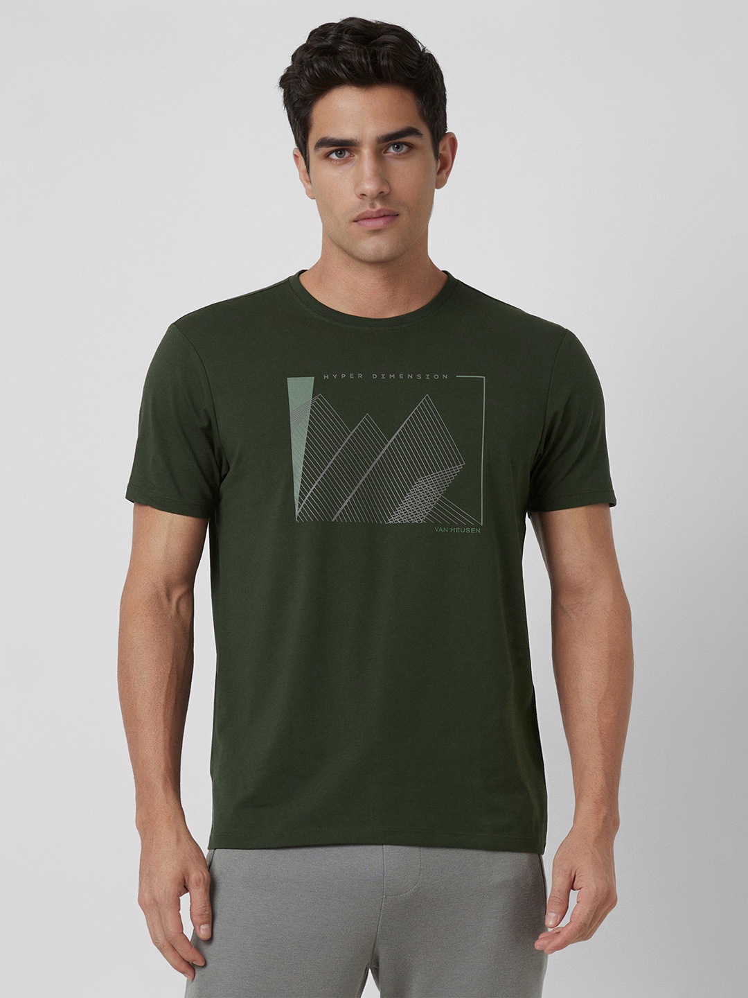 

Van Heusen Flex Men Graphic Printed Round Neck Cotton Slim Fit T-shirt, Olive