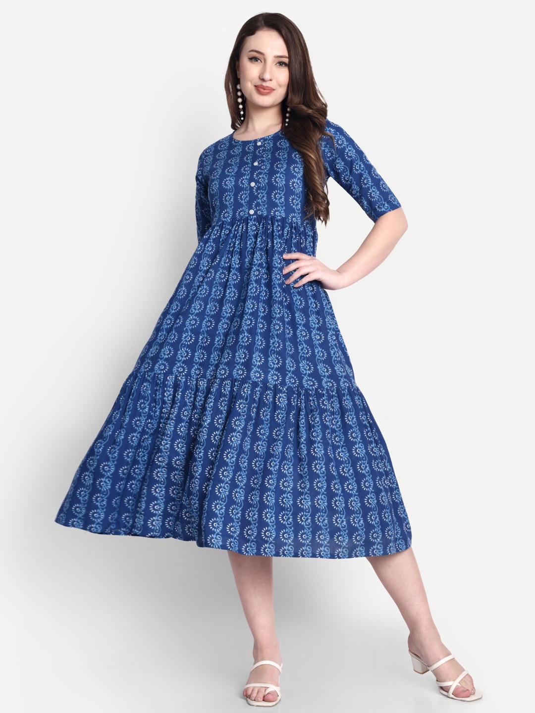 

Hujum Ethnic Motifs Printed Round Neck A-Line Kurta, Navy blue