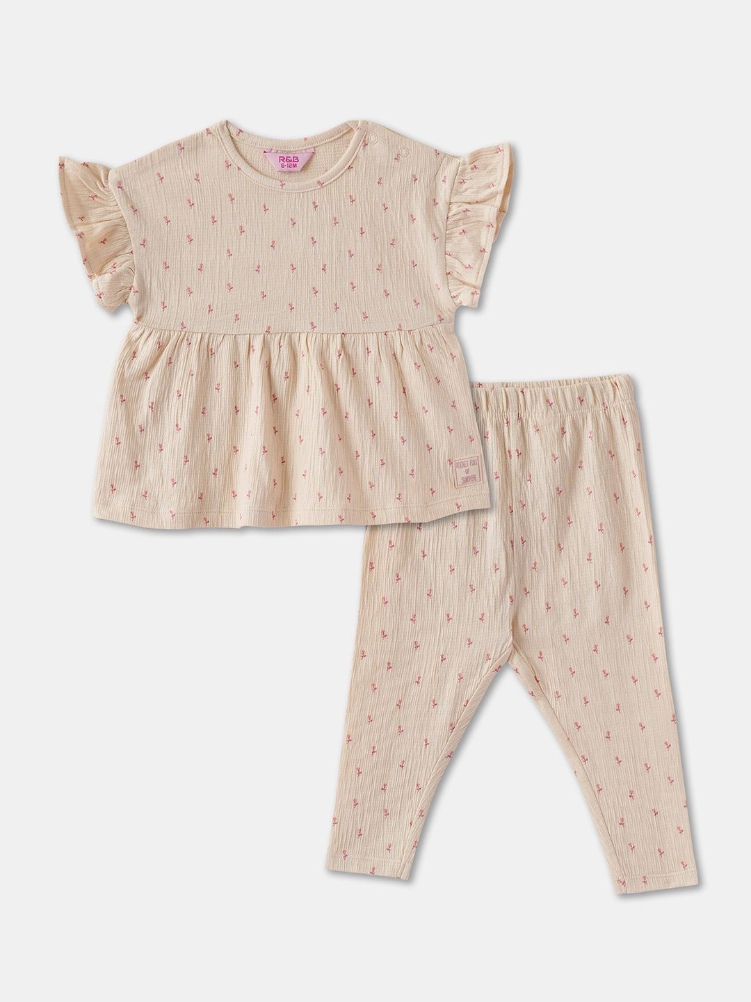 

R&B Girls Floral Printed Round Neck Pure Cotton Top & Shorts, Beige