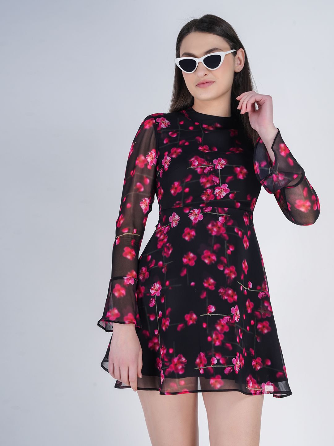 

BERIAMO Women Floral Print Fit & Flare Mini Dress, Black