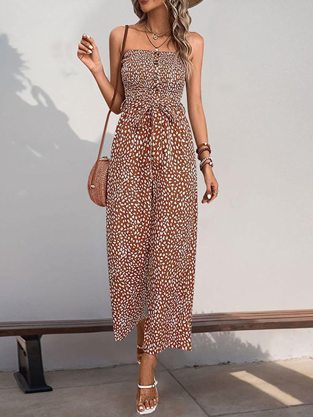 

StyleCast x Revolte Women Printed Off-Shoulder Basic Jumpsuit With Waist Tie-Ups, Brown